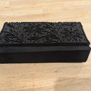 Vintage Couture Women's Black Beaded Satin Clutch  -- Handcrafted